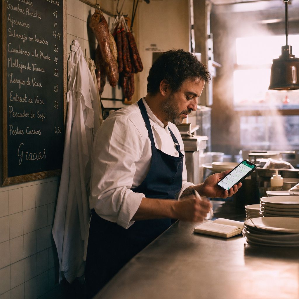 Cocinero apuntando un pedido entre servicios, con el móvil en la mano